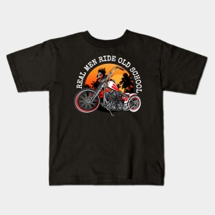 Real men, ride old school, biker quotes, vintage motorcycle illustration, Kids T-Shirt